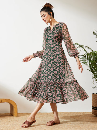 Janasya Green A-Line Chiffon Dress