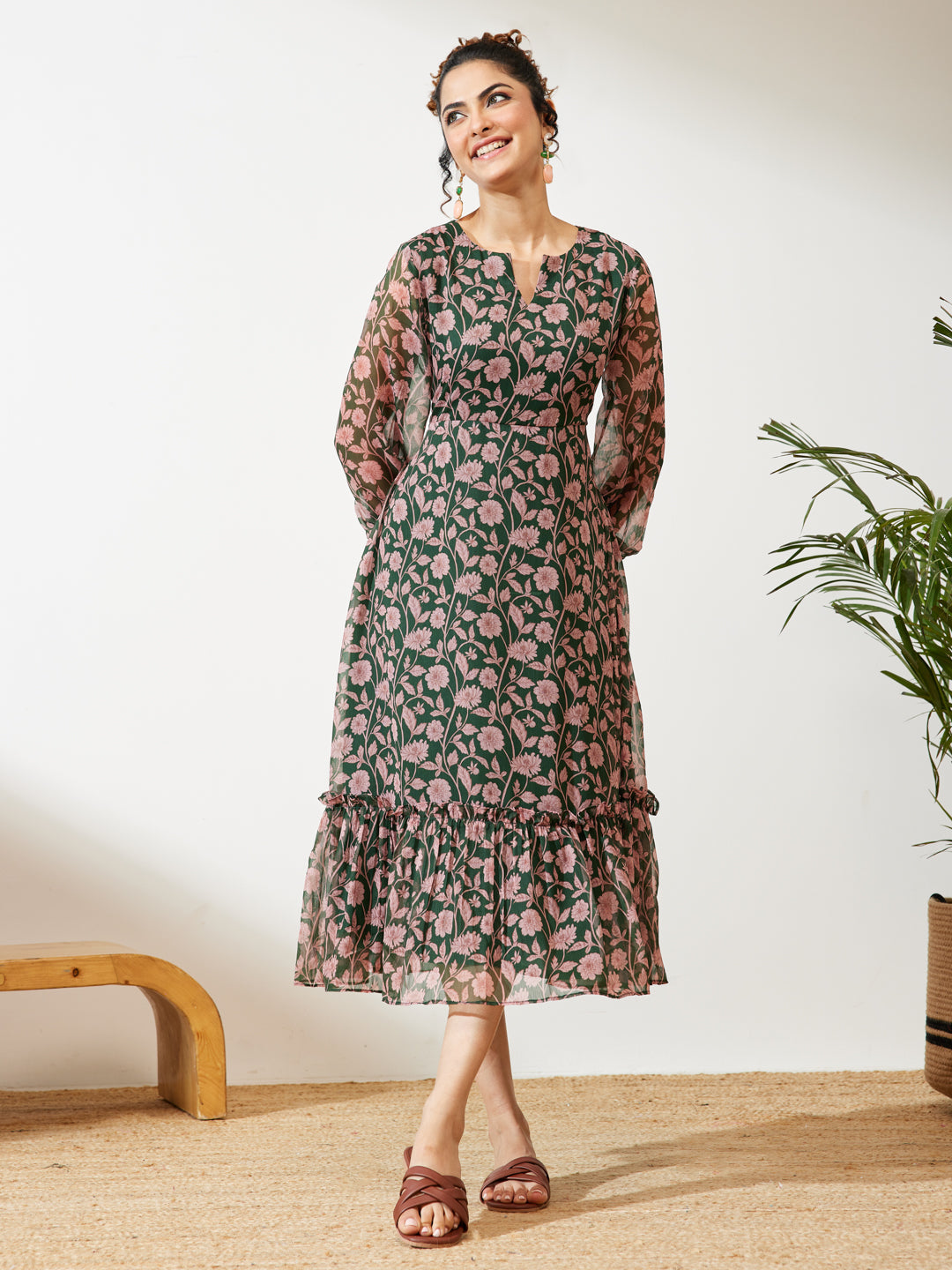 Janasya Green A-Line Chiffon Dress