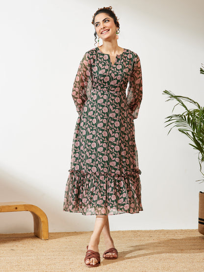 Janasya Green A-Line Chiffon Dress