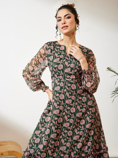 Janasya Green A-Line Chiffon Dress