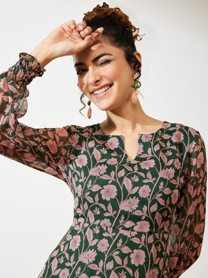 Janasya Green A-Line Chiffon Dress