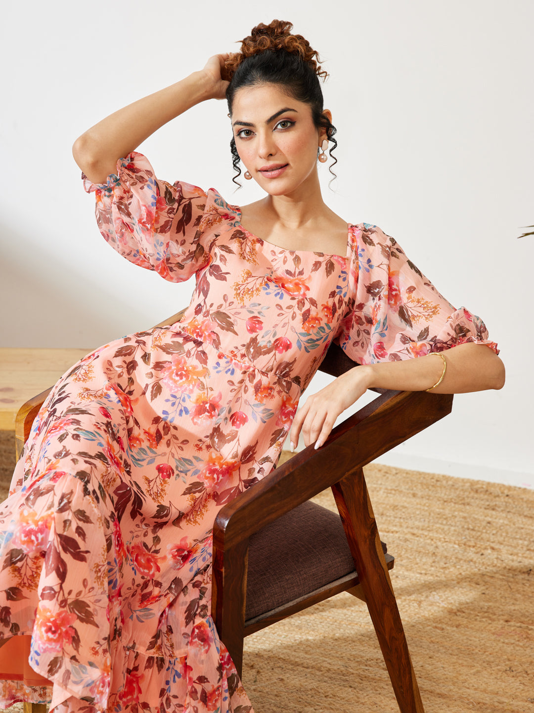 Janasya Peach A-Line Chiffon Dress
