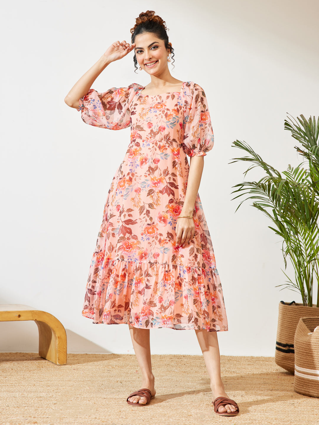 Janasya Peach A-Line Chiffon Dress