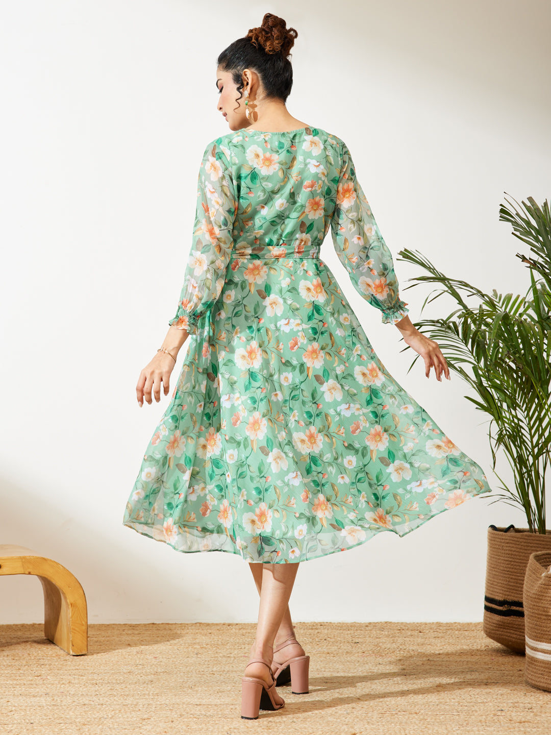 Janasya Mint Fit & Flare Chiffon Dress