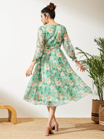 Janasya Mint Fit & Flare Chiffon Dress
