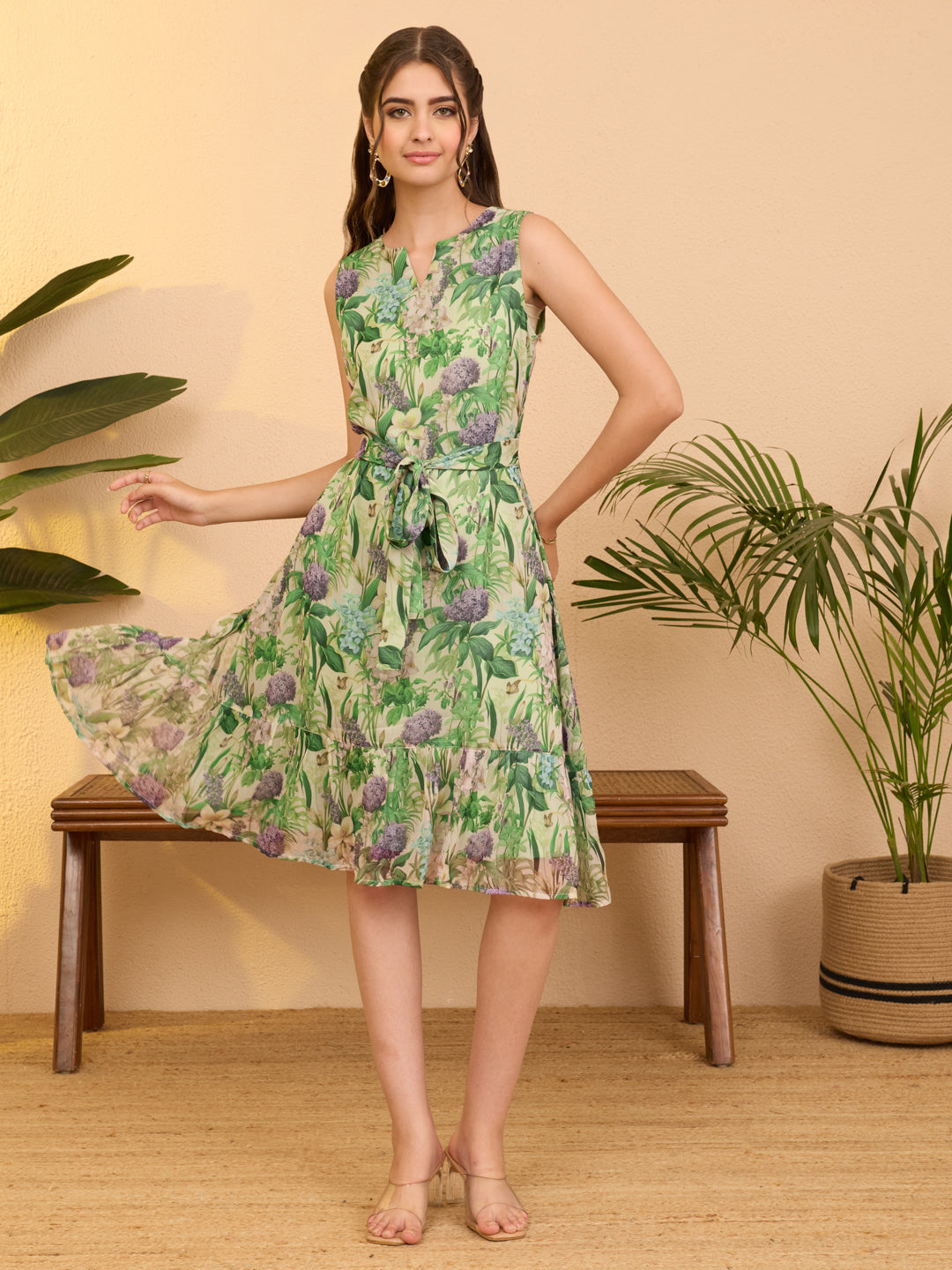 Janasya Mint Fit & Flare Chiffon Dress