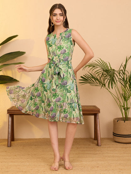 Janasya Mint Fit & Flare Chiffon Dress