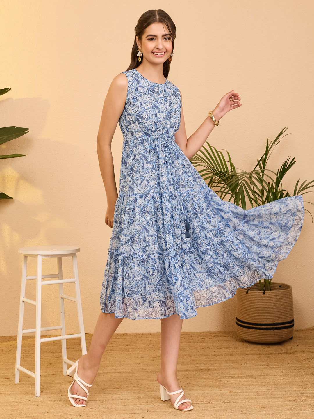 Janasya Light Blue Tiered Chiffon Dress