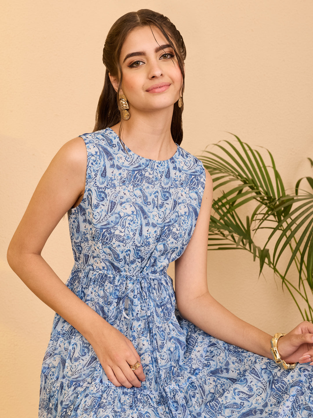 Janasya Light Blue Tiered Chiffon Dress