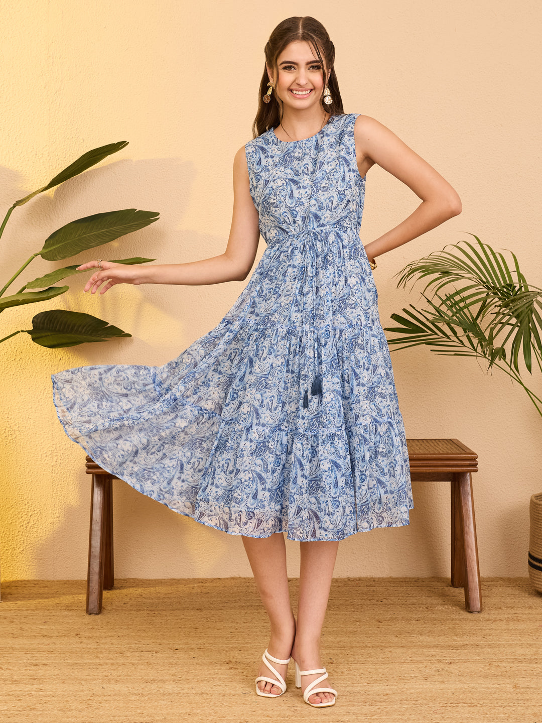 Janasya Light Blue Tiered Chiffon Dress
