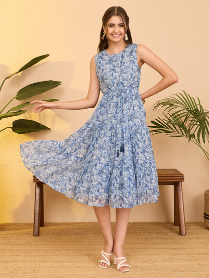 Janasya Light Blue Tiered Chiffon Dress