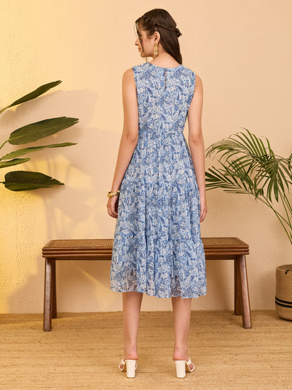 Janasya Light Blue Tiered Chiffon Dress