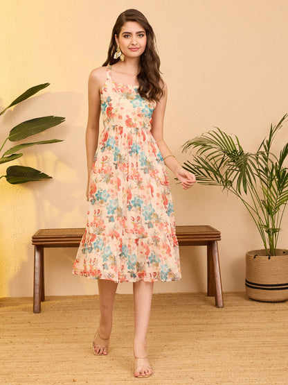 Janasya Beige Gathered Chiffon Dress