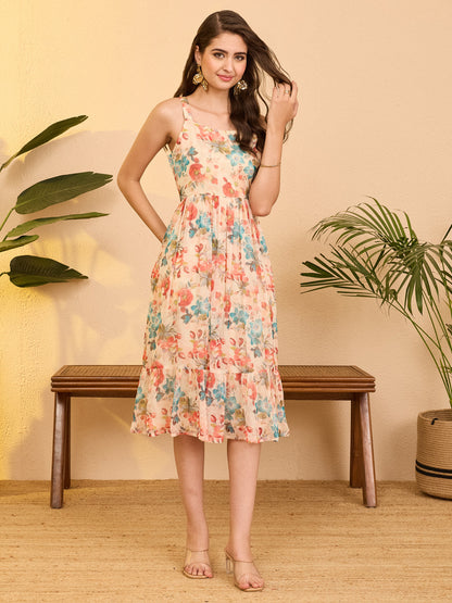 Janasya Beige Gathered Chiffon Dress