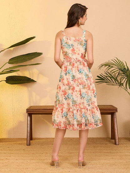 Janasya Beige Gathered Chiffon Dress