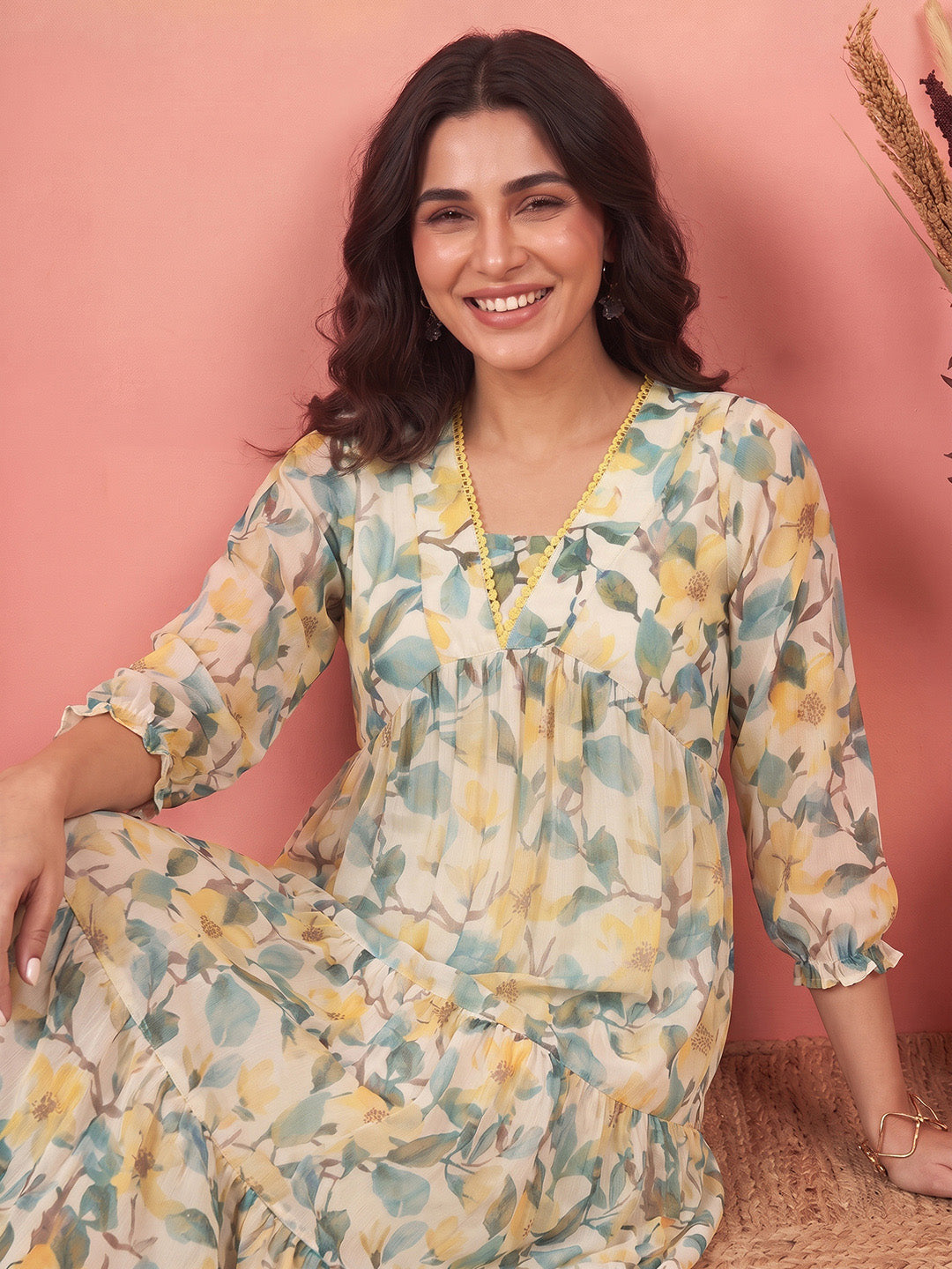 Janasya Yellow Tiered Chiffon Dress