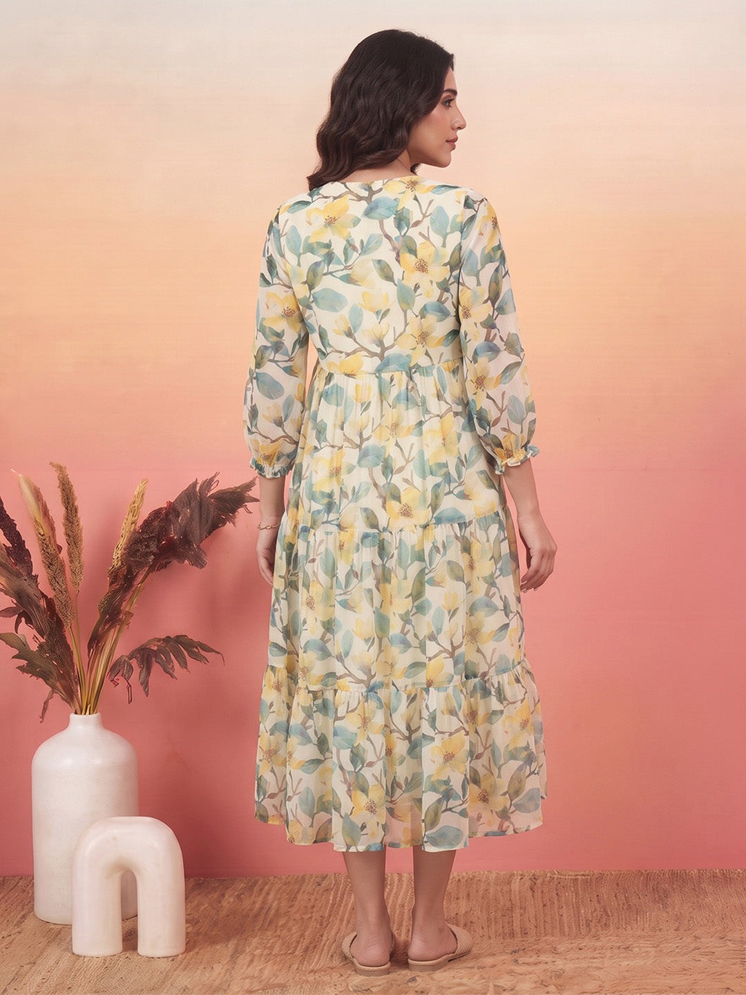 Janasya Yellow Tiered Chiffon Dress