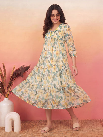 Janasya Yellow Tiered Chiffon Dress