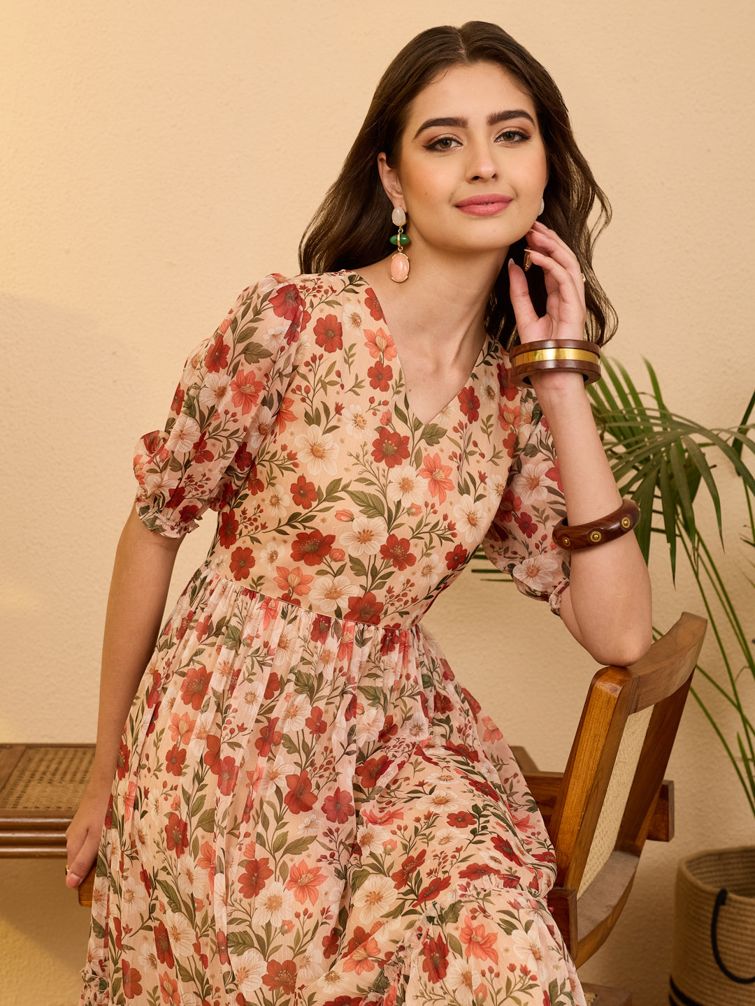 Janasya Beige Gathered Chiffon Dress