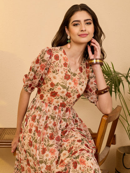 Janasya Beige Gathered Chiffon Dress
