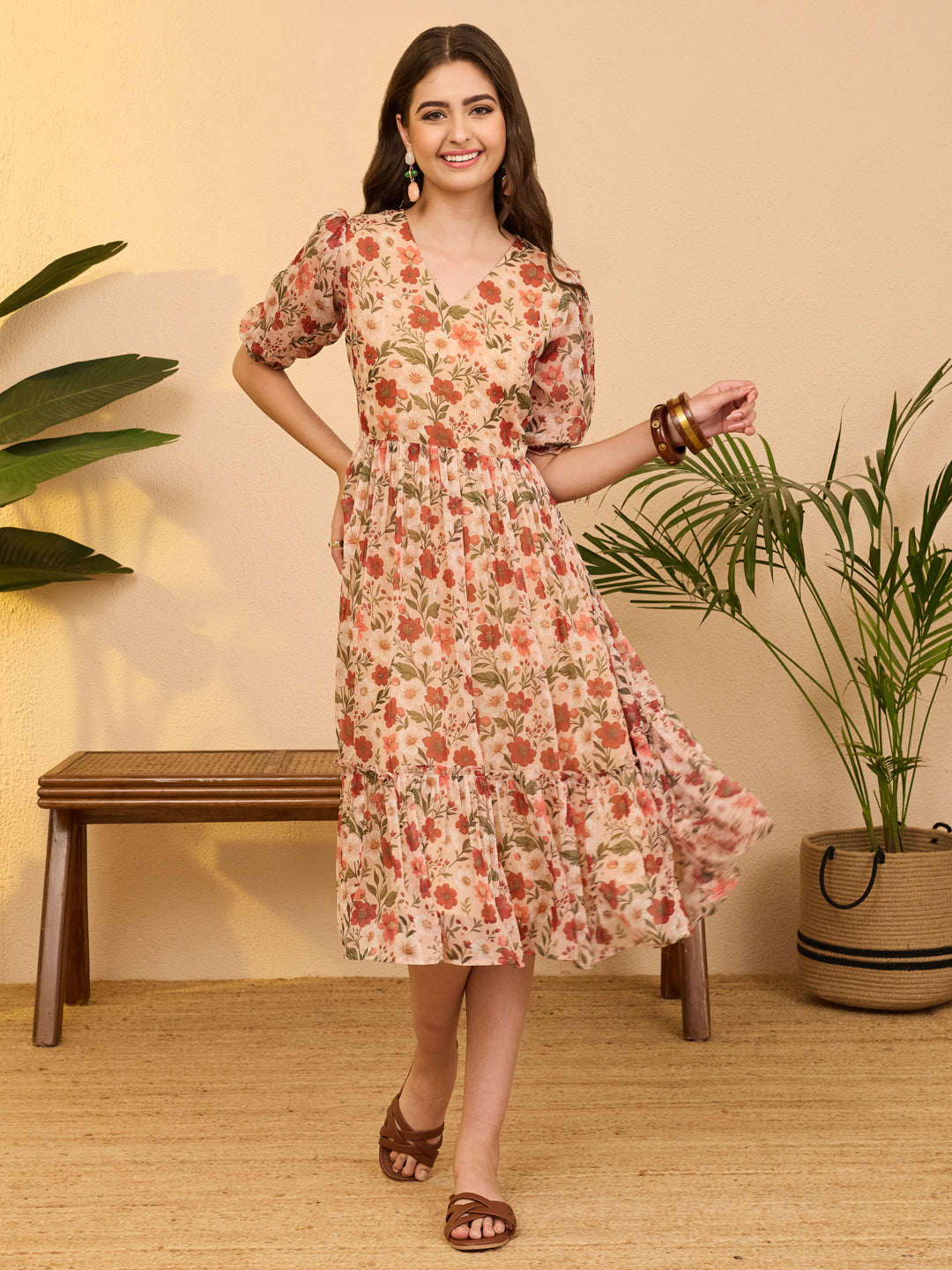 Janasya Beige Gathered Chiffon Dress