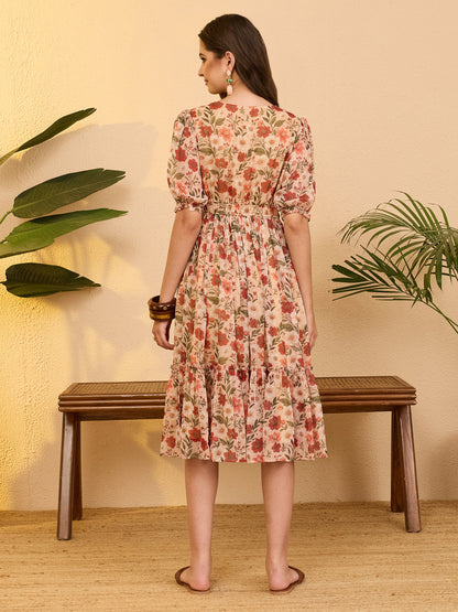 Janasya Beige Gathered Chiffon Dress