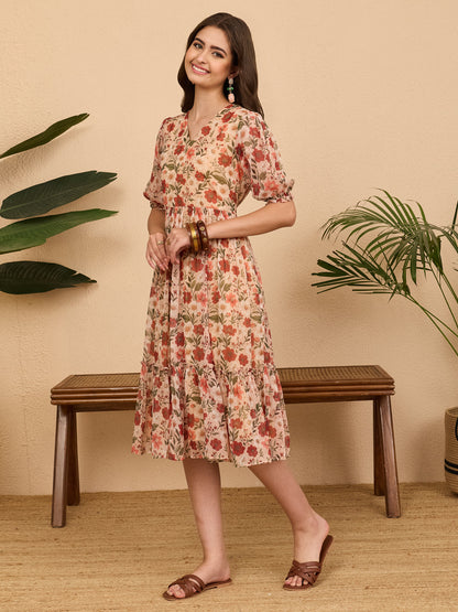 Janasya Beige Gathered Chiffon Dress