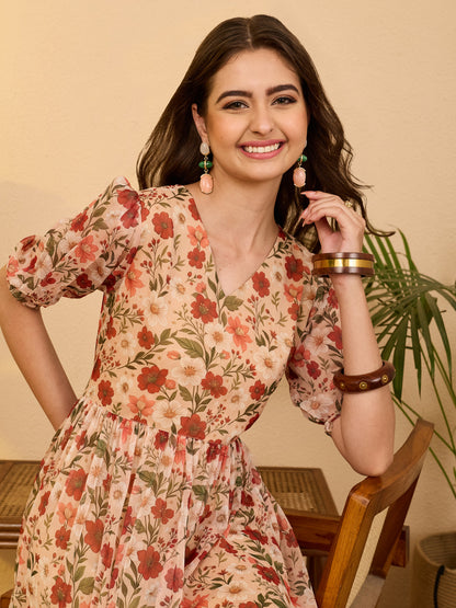 Janasya Beige Gathered Chiffon Dress
