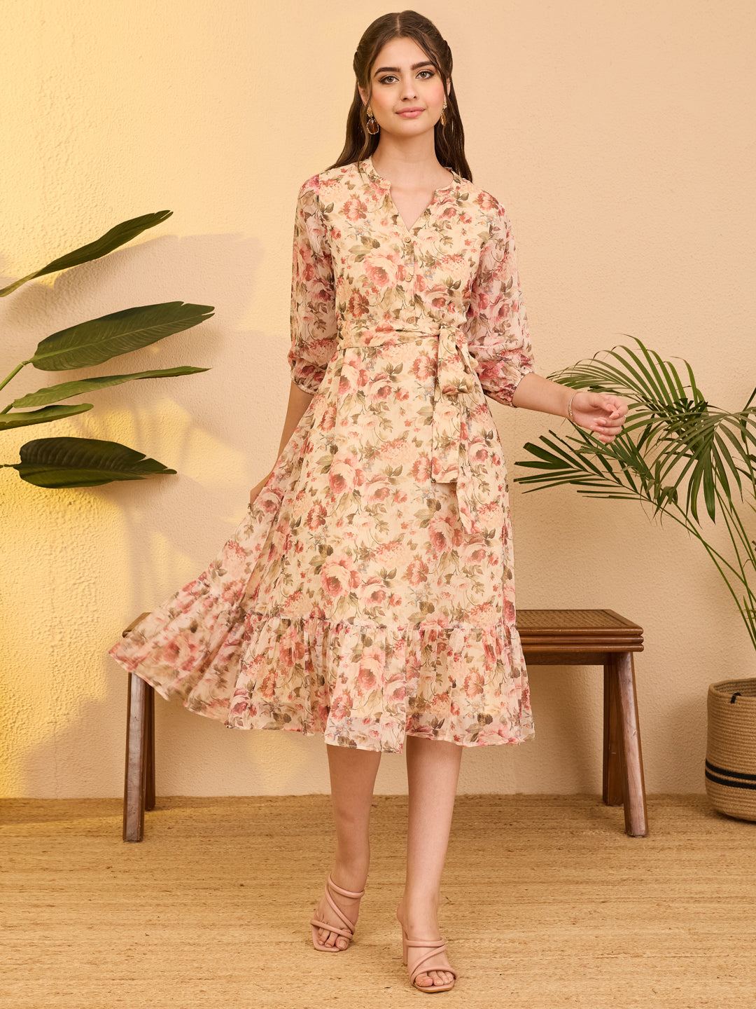 Janasya Beige Fit & Flare Chiffon Dress