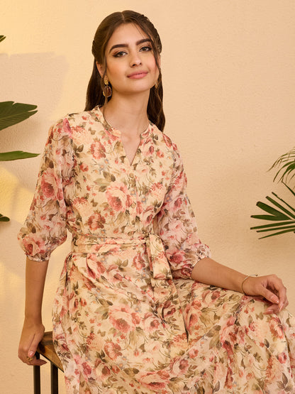 Janasya Beige Fit & Flare Chiffon Dress