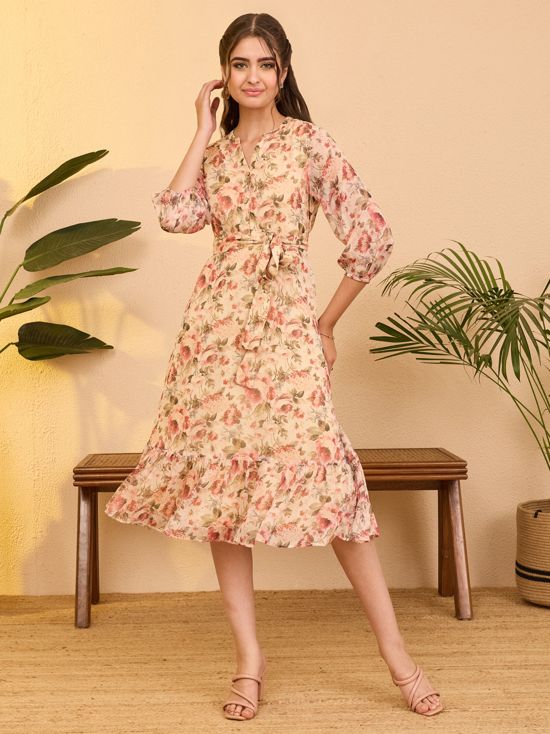 Janasya Beige Fit & Flare Chiffon Dress