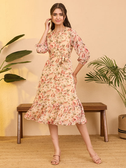 Janasya Beige Fit & Flare Chiffon Dress