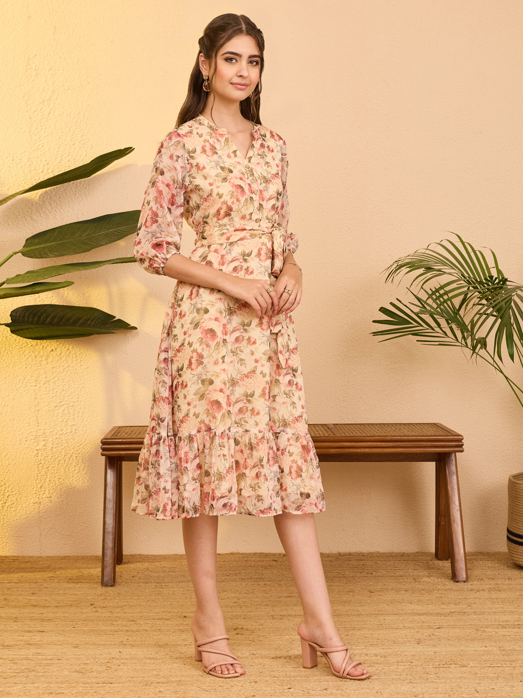 Janasya Beige Fit & Flare Chiffon Dress
