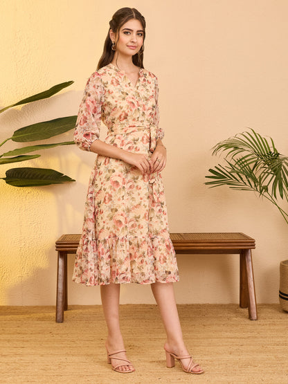 Janasya Beige Fit & Flare Chiffon Dress
