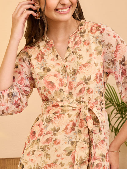 Janasya Beige Fit & Flare Chiffon Dress