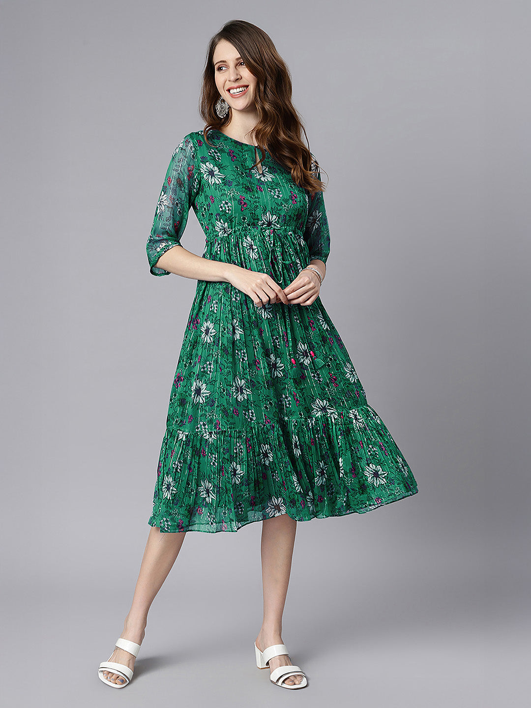 Janasya Green Fit & Flare Chiffon Dress