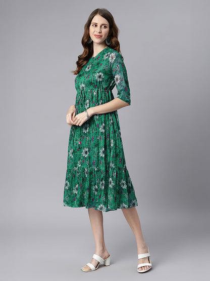 Janasya Green Fit & Flare Chiffon Dress