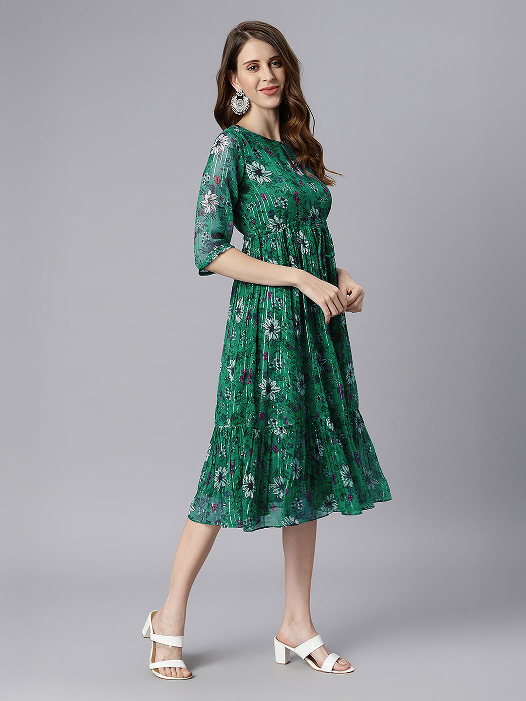 Janasya Green Fit & Flare Chiffon Dress