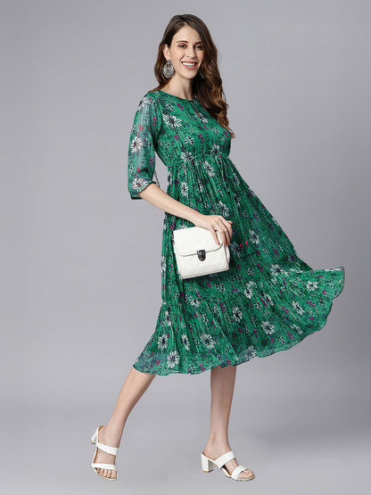 Janasya Green Fit & Flare Chiffon Dress