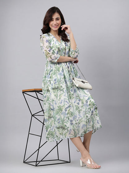 Janasya Off White A-Line Chiffon Dress