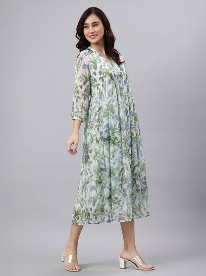 Janasya Off White A-Line Chiffon Dress