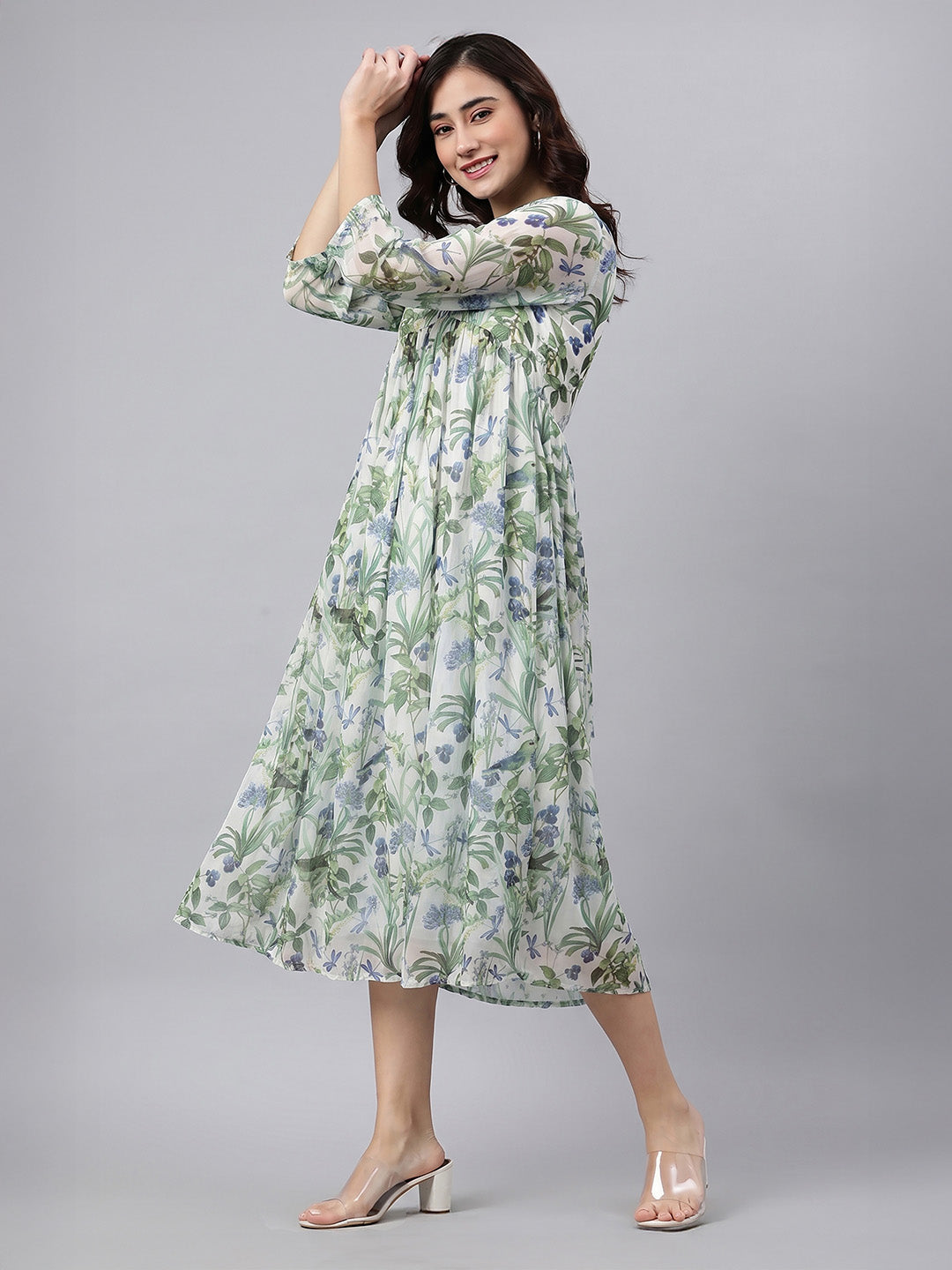 Janasya Off White A-Line Chiffon Dress