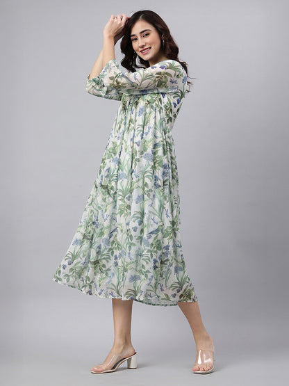 Janasya Off White A-Line Chiffon Dress