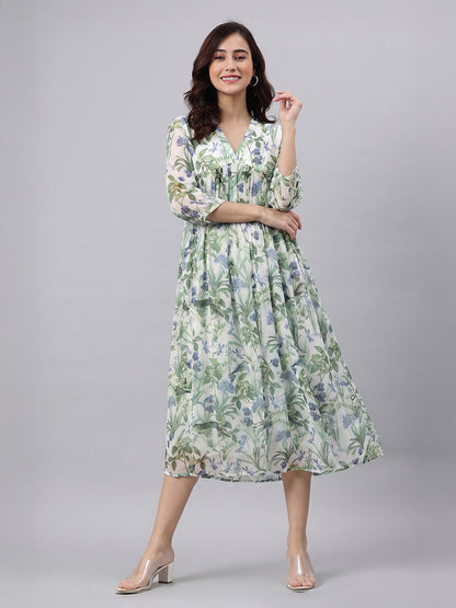 Janasya Off White A-Line Chiffon Dress