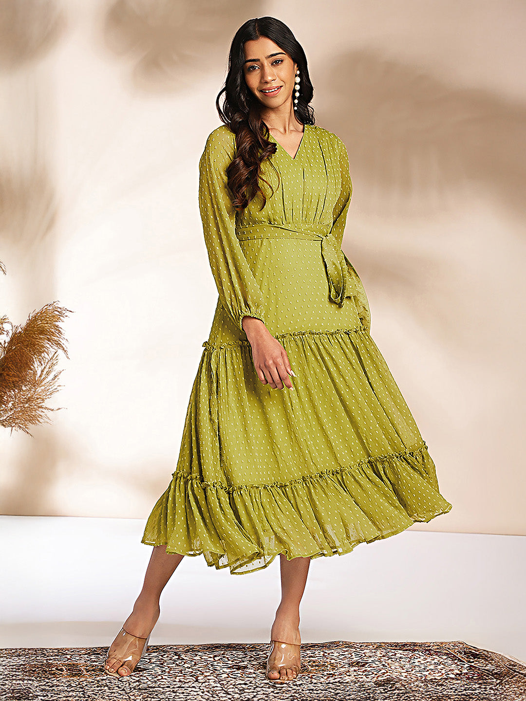 Janasya Lime Tiered Dobby Chiffon Dress