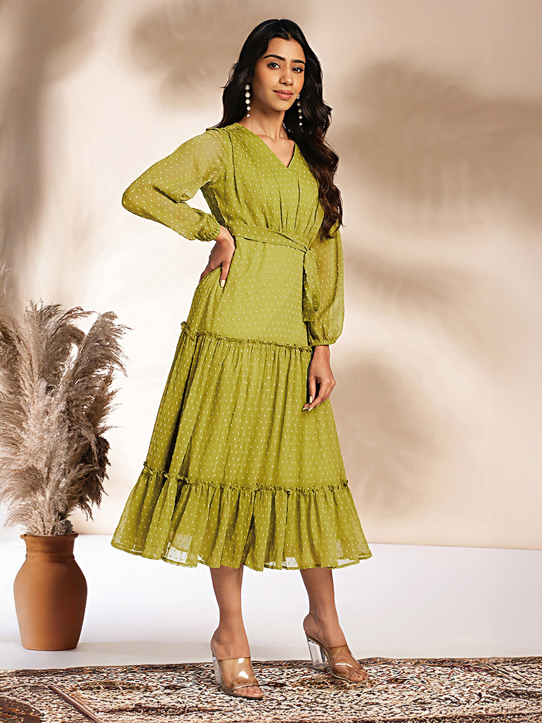 Janasya Lime Tiered Dobby Chiffon Dress