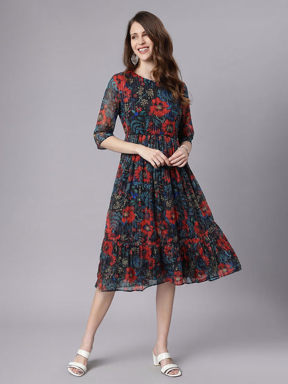 Janasya Black Fit & Flare Chiffon Dress