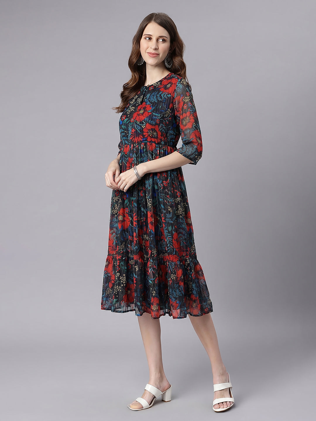 Janasya Black Fit & Flare Chiffon Dress