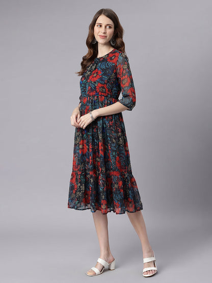 Janasya Black Fit & Flare Chiffon Dress