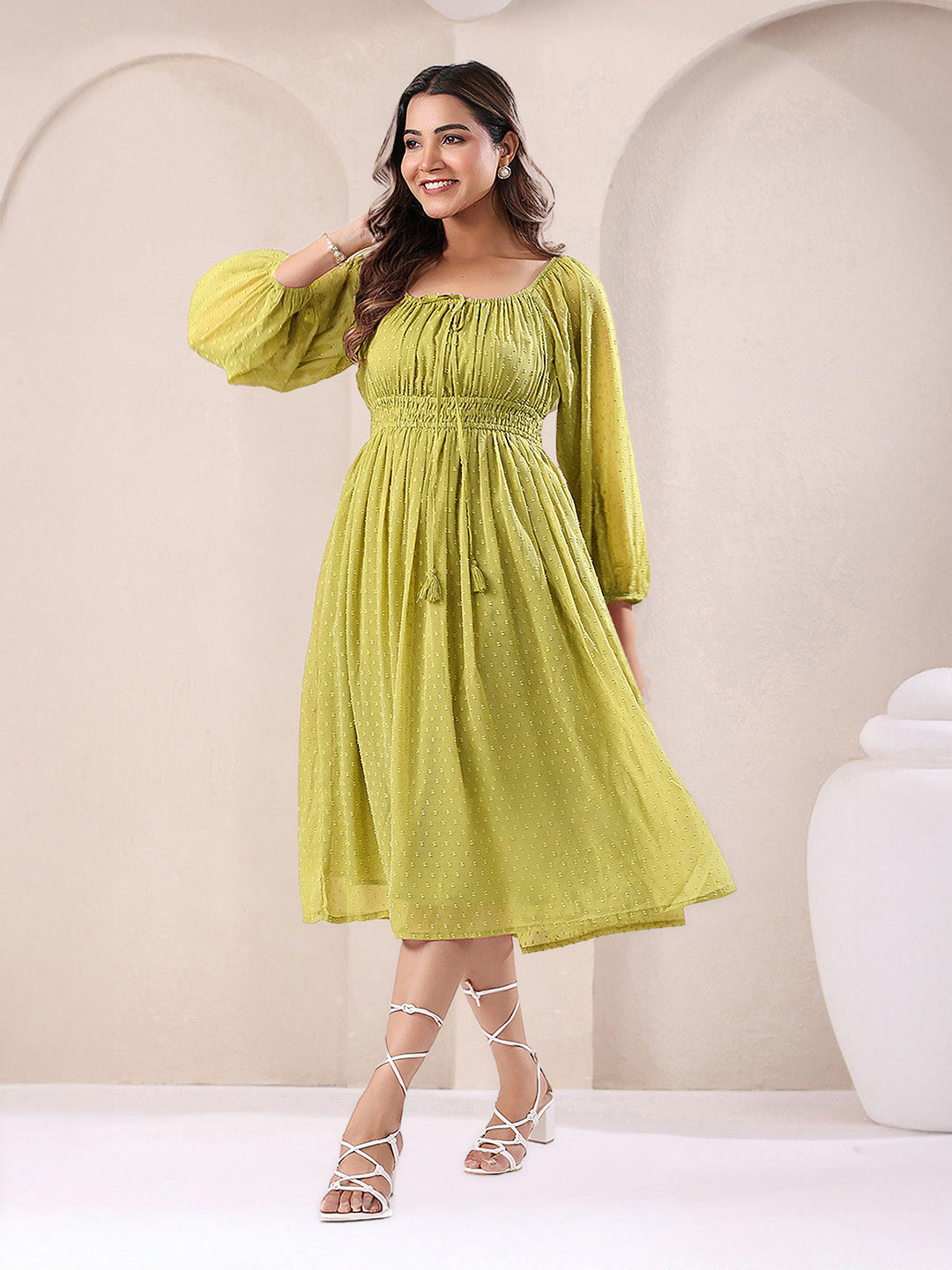 Janasya Lime Green Fit & Flare Dobby Chiffon Dress